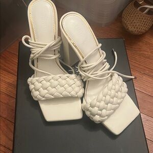 White Strappy block heels